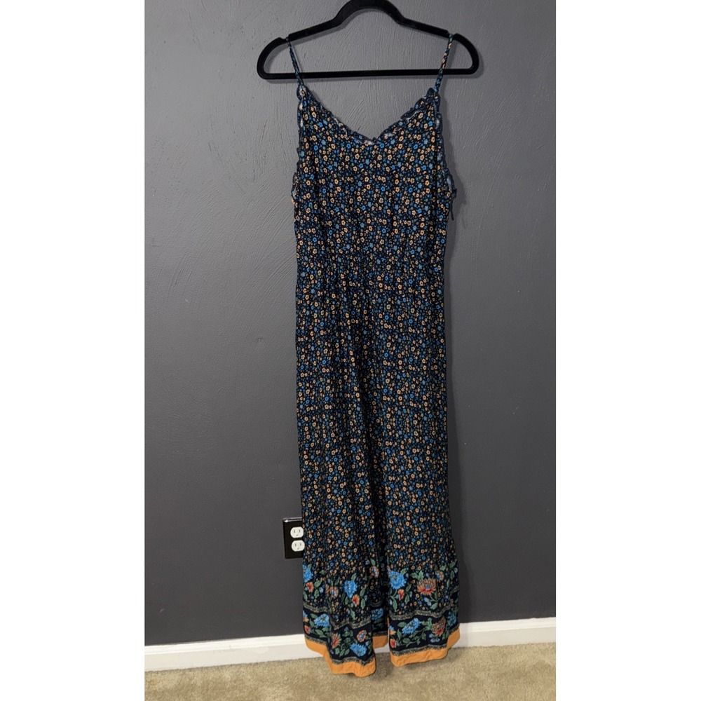 Floral Maxi Dress Boho Large Blue 100% Rayon Summer Casual